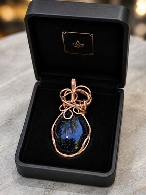 Handcrafted Copper Wire Wrapped Blue Goldstone Pendant Necklace